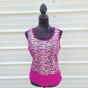 Living Doll Fushia Purple Pink Sequin Sheer Tank Top Zipper Back Soft Shiny sz L